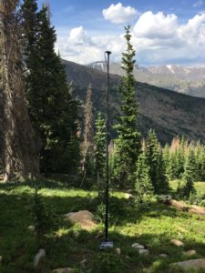Bat acoustic recorder deployed for the NABat Project in Rocky Mountain National Park. Photo by Jeremy Siemers, CNHP