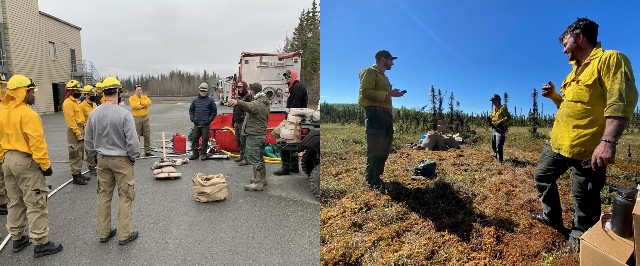 Left: JBER wildland firefighter Matt Allen explains how to use a Mark III pump during the basic wildland firefighting class taught annually at the base. Right: JBER firefighting lead Zach Fleming (far right) discusses operations and tactics with Loon Lake Incident Commander Brian Quimby (far left) while working on a remote fire in the Kenai Wildlife Refuge.