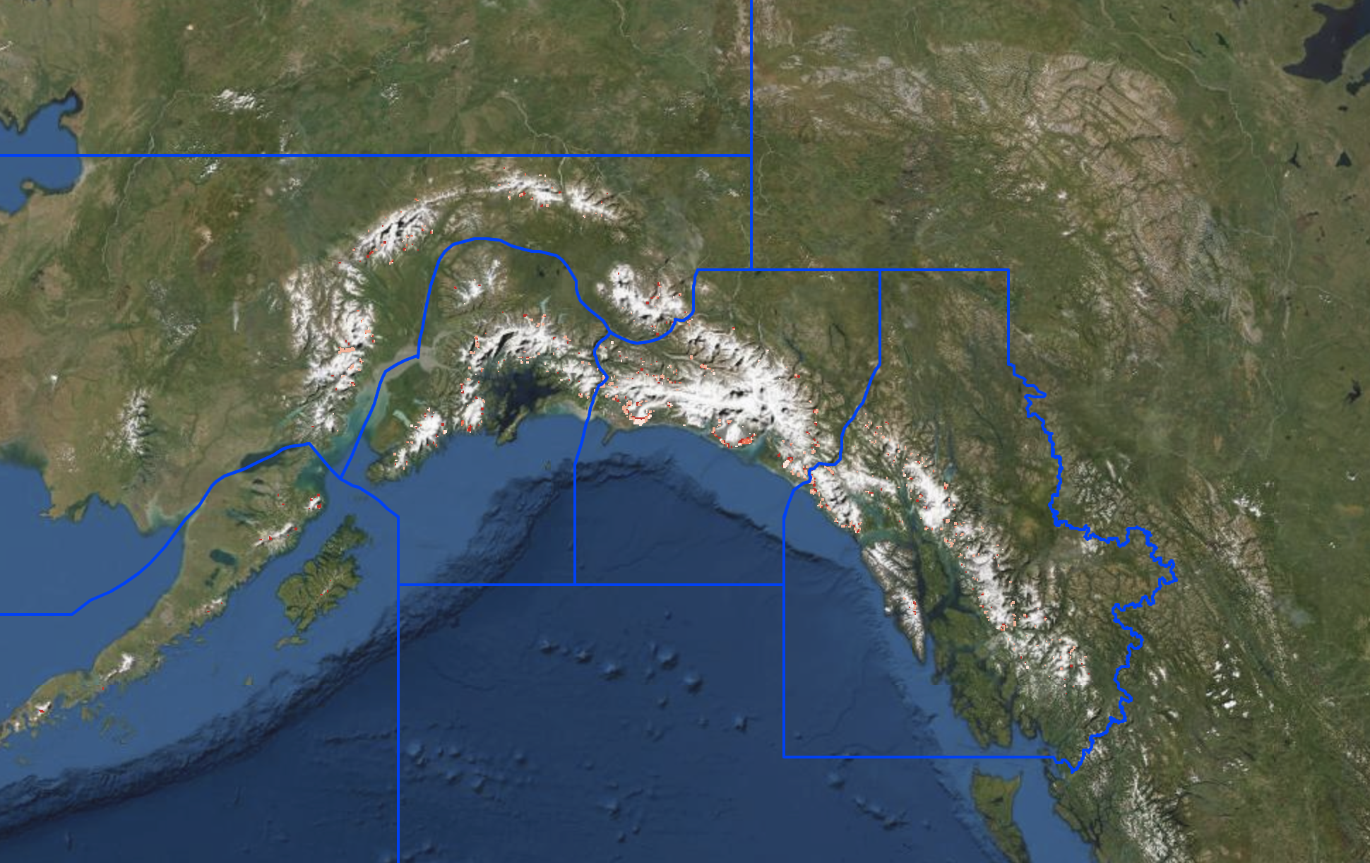 a portion of an interactive map that shows Alaska's glacial lakes