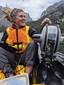  Caitlin on The Loch in Rocky Mountain National Park with the underwater ROV named “Nessie” that is used to take underwater images of benthic algal blooms and take grab samples of benthic algae.