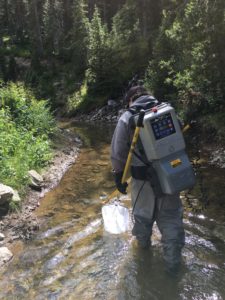 Chris Kennedy, a U.S. Fish and Wildlife Service biologist, uses a backpack electrofisher to capture cutthroat trout from the Grand Ditch. Credit: Chris Kennedy, U.S. Fish and Wildlife Service.