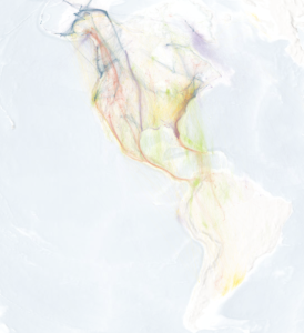 An image of a map of North America and South America with lines in every color across the contients