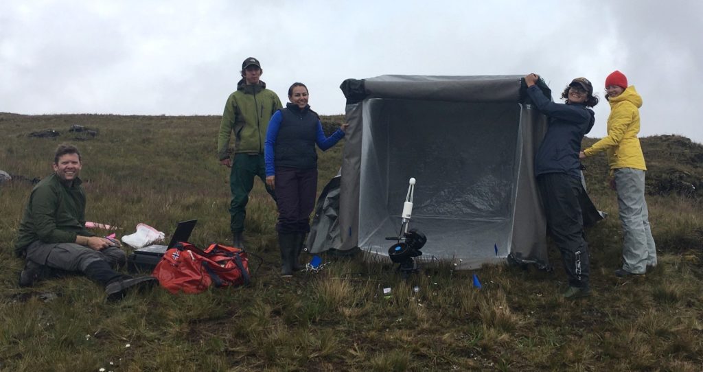 group of scientists measuring carbon fluxes outdoors with device