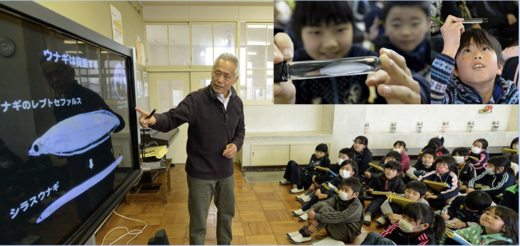 Tsukamoto presenting information about unagi to Japanese school children.