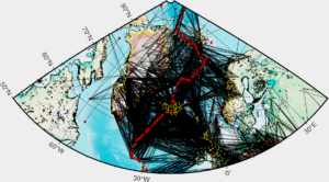 Map of seismic ray paths under Iceland and Greenland.