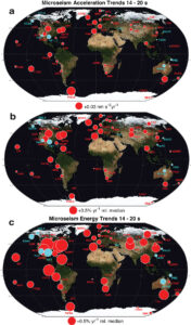 Three global maps showing intensifying seismic waves as red dots and a few waves of lower intensity as cyan dots