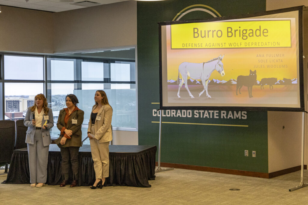 Three female students stand in front of a presentation on a large screen labeled "Burro Brigade"